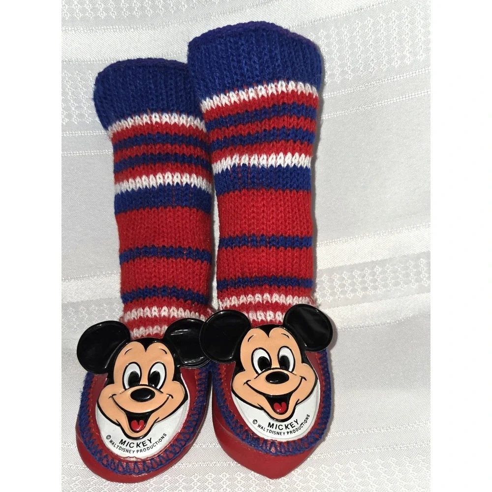 Disney Mickey Mouse Club Knit Slippers Socks Kids 4.5 Walt Disney VTG 60s 70s